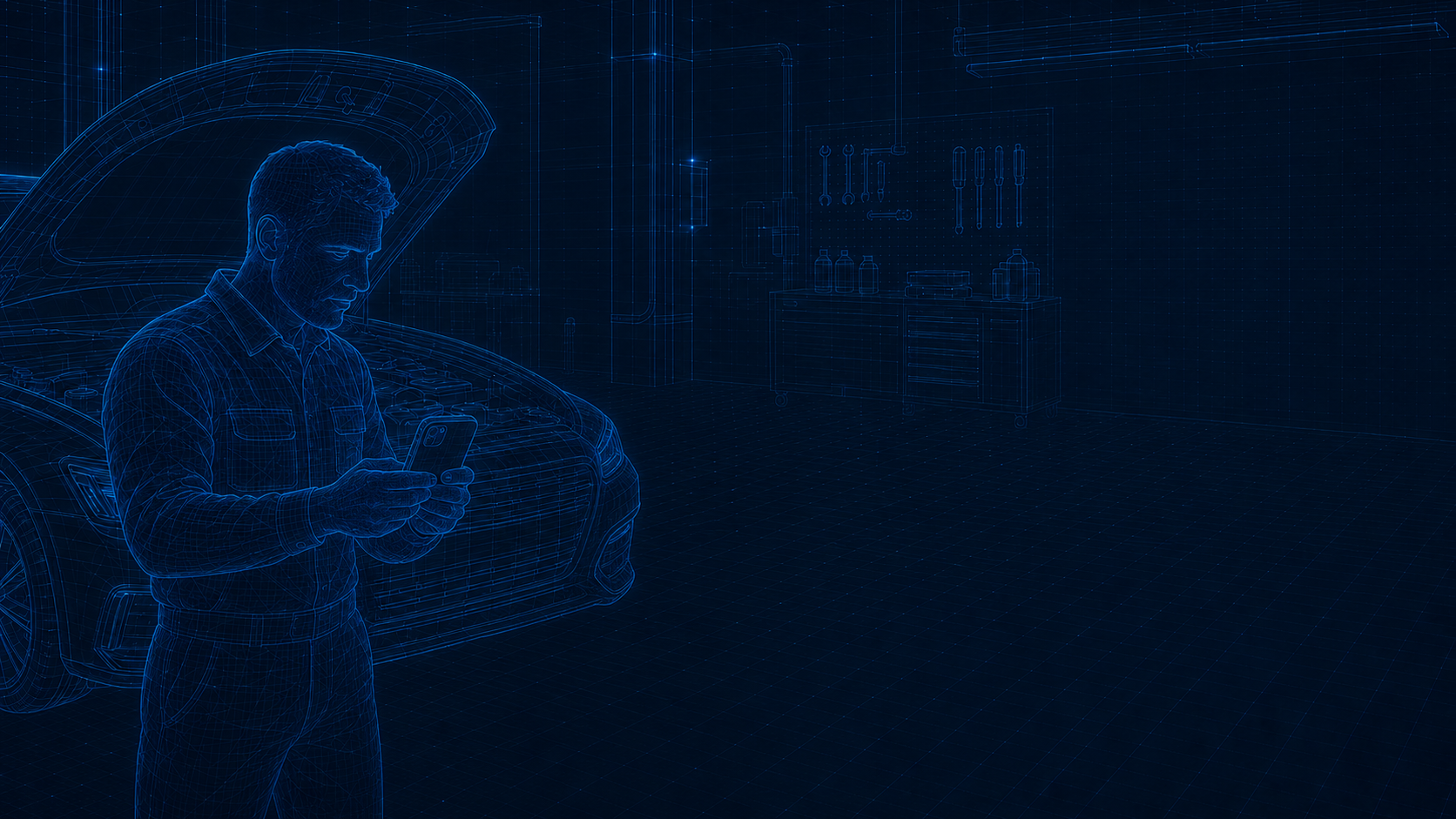 Blueprint-style automotive technician capturing workshop context on a smartphone beside an open-hood vehicle