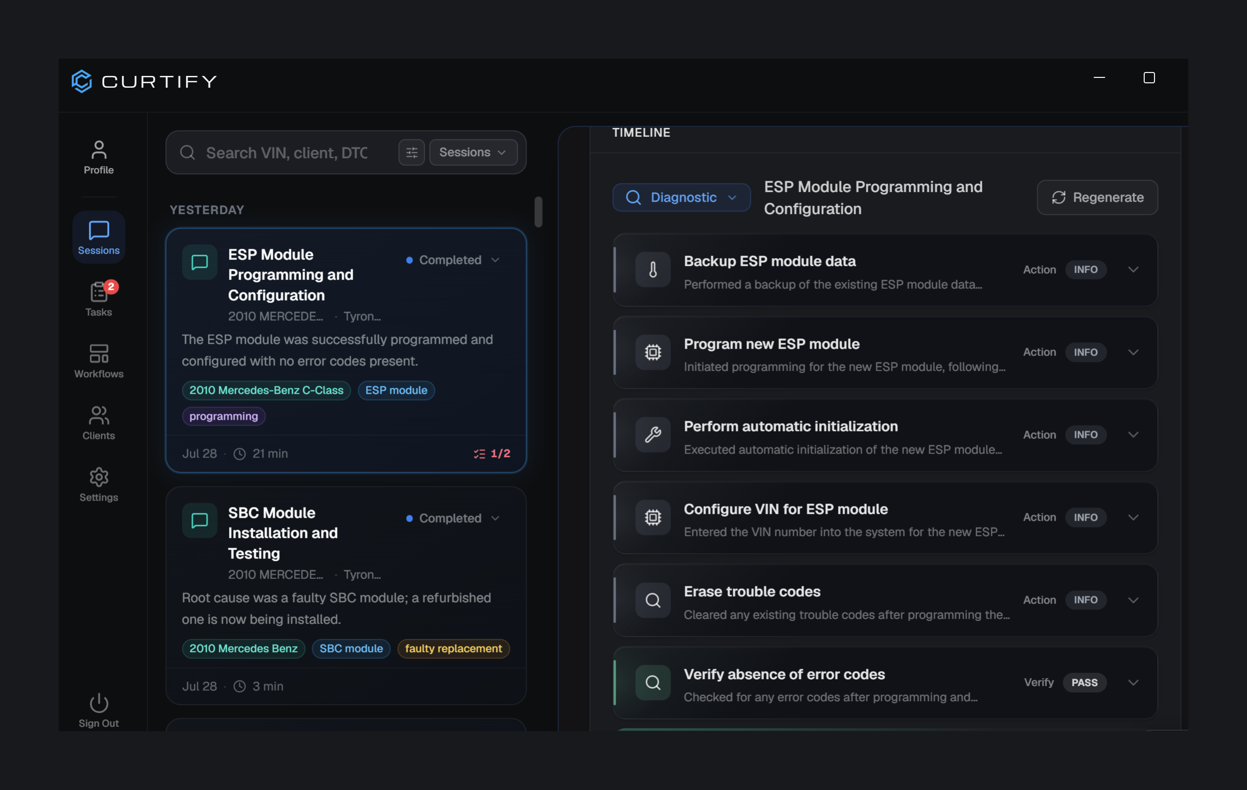 Curtify dashboard showing its session list and ESP module programming timeline
